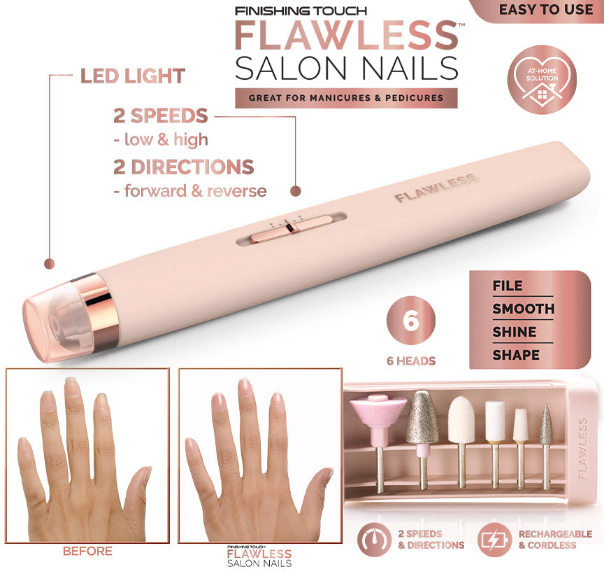 Flawless Salon Nails Kit, Electronic Nail File, Manicure and Pedicure Kit Rechargeable